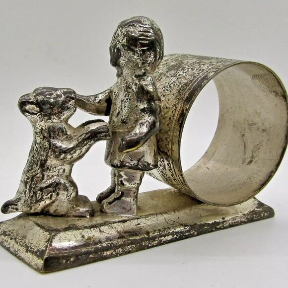 Antique Meriden Britannia Silver Plated Napkin Holder Girl with Dog